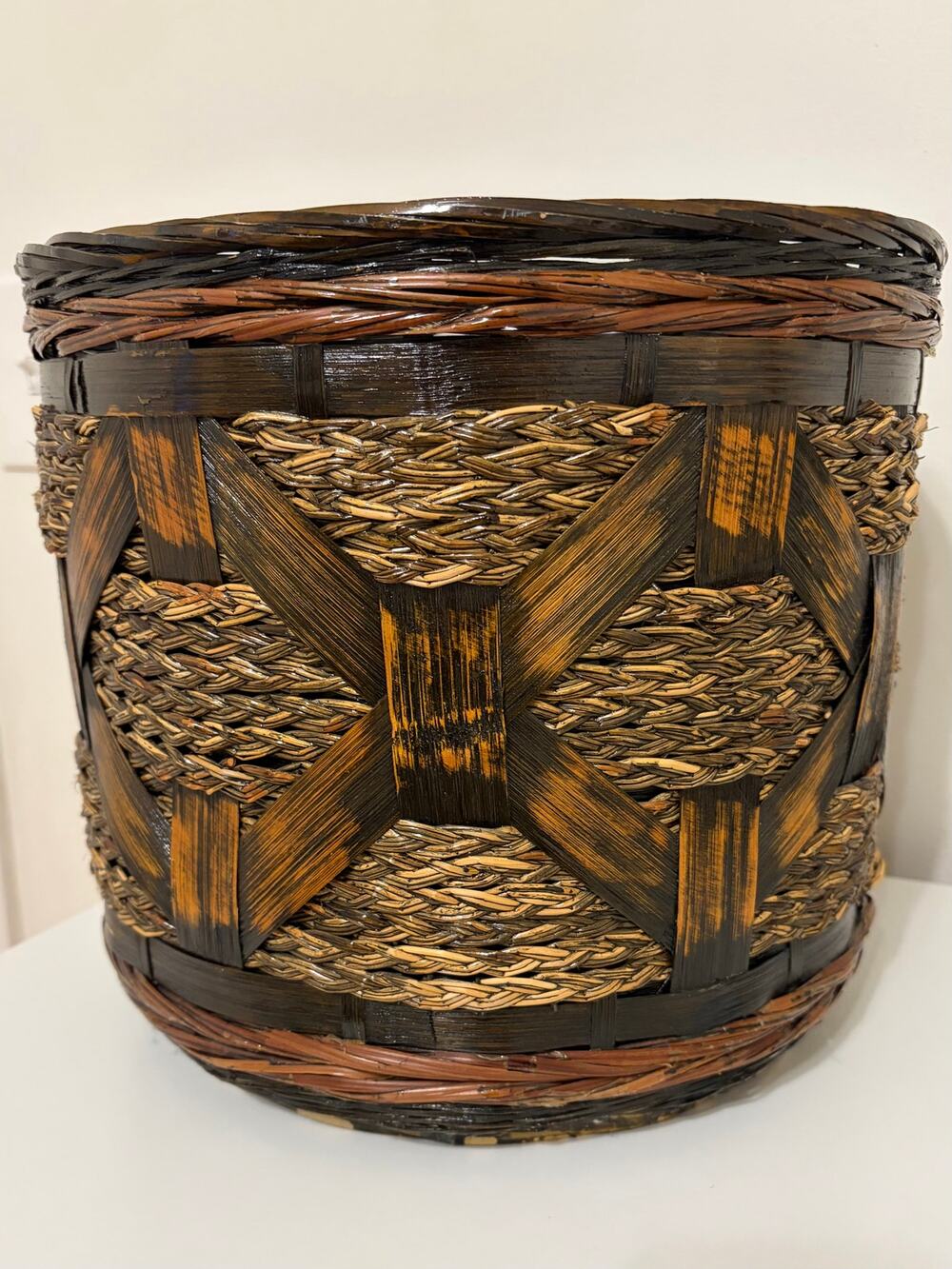 Vintage Belize Hand Woven Wicker Planter Basket 12" Tropical Souvenir Pot Cover